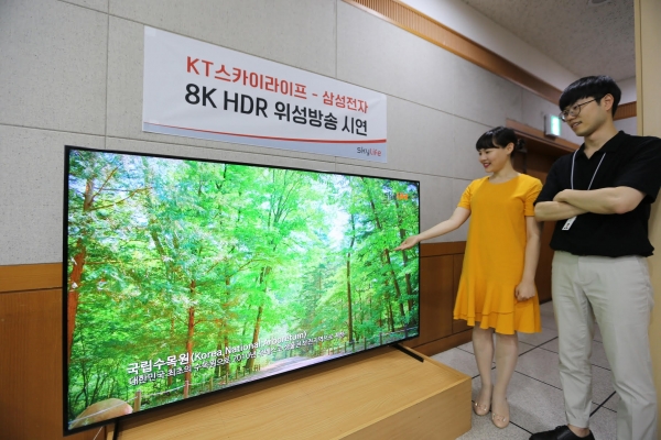 삼성전자와 KT스카이라이프 관계자가 8K 위성 방송을 2019년형 삼성 QLED 8K 82형을 통해 시청하는 모습
