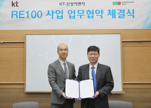 문성욱 KT 기업신사업본부장(왼쪽)과 김동섭 신성이엔지 사장이 RE100 사업 업무협약 체결뒤 기념사진을 찍고 있다.