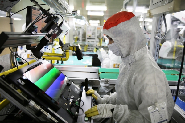 삼성디스플레이 중국 동관 공장에서 직원이 노트북용 유기발광다이오드(OLED) 제품의 품질을 검사하고 있다.
