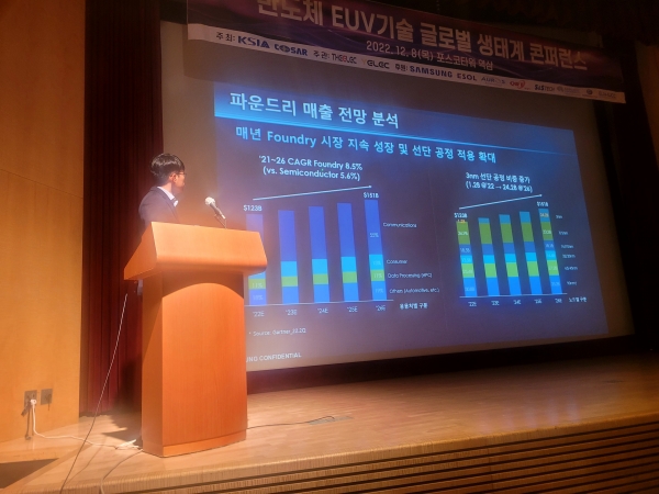 박병석 삼성전자 파운드리 사업부 수석연구원은 8일 《디일렉》이 주관한 ‘2022 반도체 EUV 생태계 글로벌 컨퍼런스’에서 파운드리 시장에 대해 발표하고 있다.